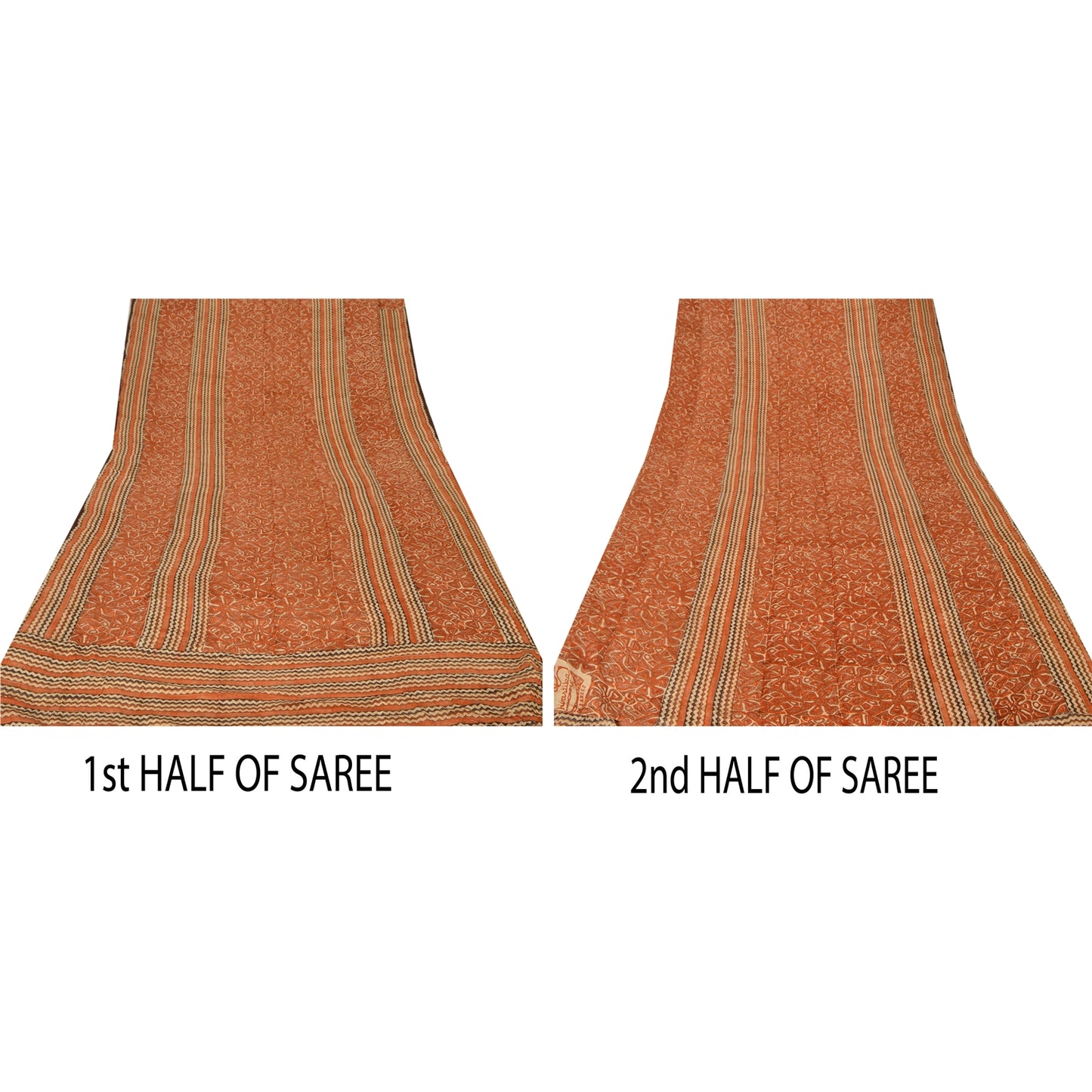 Sanskriti Vintage Orange Saree Pure Crepe Silk Printed Sari Craft Soft Sustainable Fabric