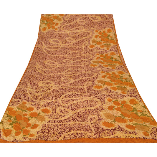 Sanskriti Vintage Cream Saree Pure Crepe Silk Printed Sari Craft Soft Sustainable Fabric