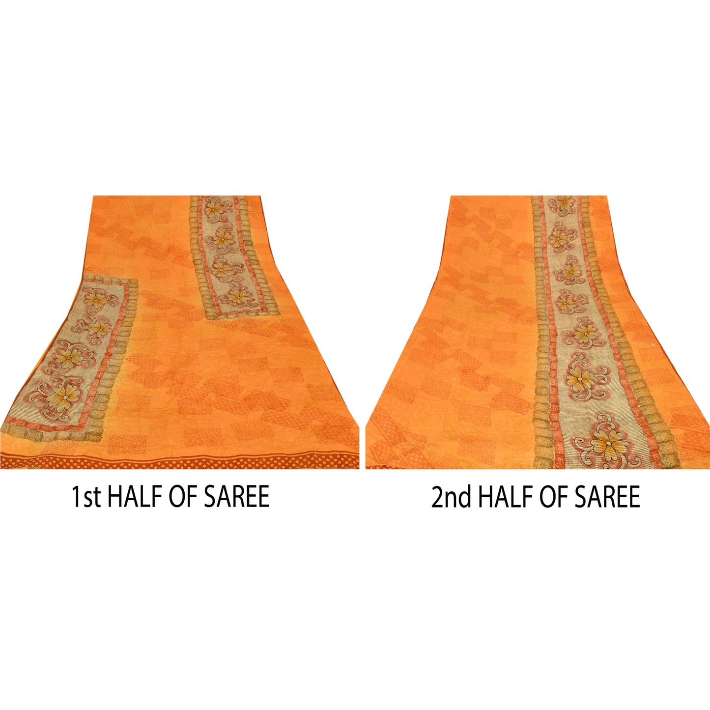Sanskriti Vintage Orange Saree Pure Crepe Silk Floral Printed Sari Craft Sustainable Fabric