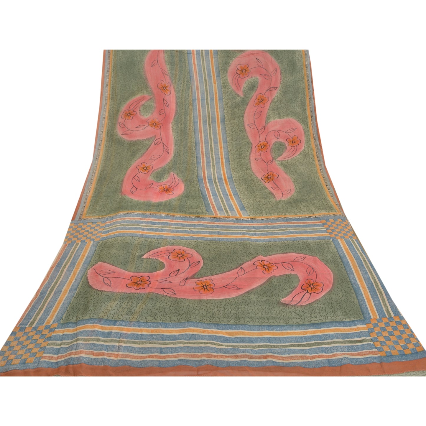 Sanskriti Vintage Sarees Green Pure Georgette Floral Printed Sari Craft Sustainable Fabric