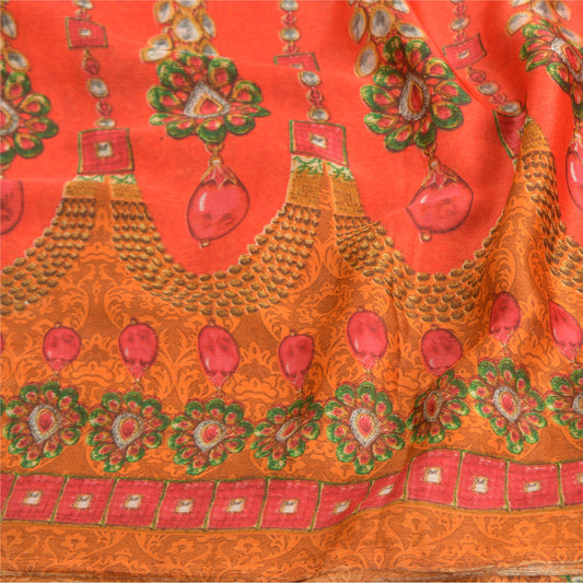 Sanskriti Vintage red& OrangeSarees Poly Georgette Printed 5YD Sari Craft Sustainable Fabric