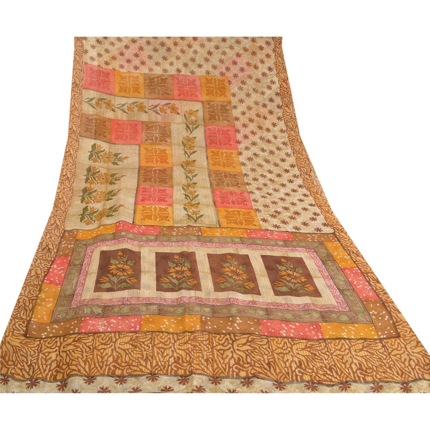 Sanskriti Vintage Brown Sarees Pure Georgette Silk Printed Sari 5yd Craft Sustainable Fabric