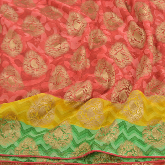 Sanskriti Vintage Red Sarees Pure Georgette Silk Golden Woven Print Sari Sustainable Fabric