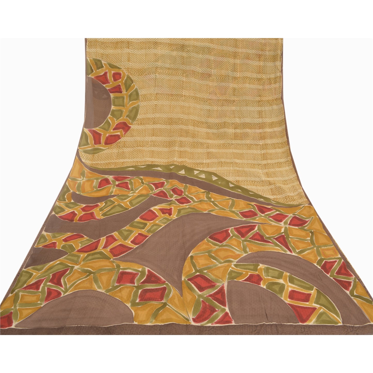 Sanskriti Vintage Beige Sarees Pure Georgette Silk Printed Sari Craft Sustainable Fabric