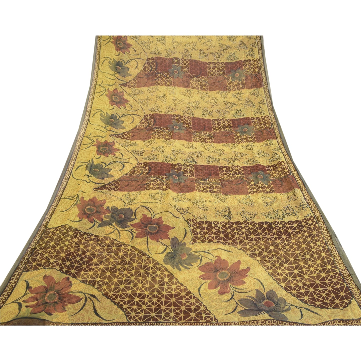 Sanskriti Vintage Mustard Sarees Blend Georgette Printed Sari 5yd Craft Sustainable Fabric