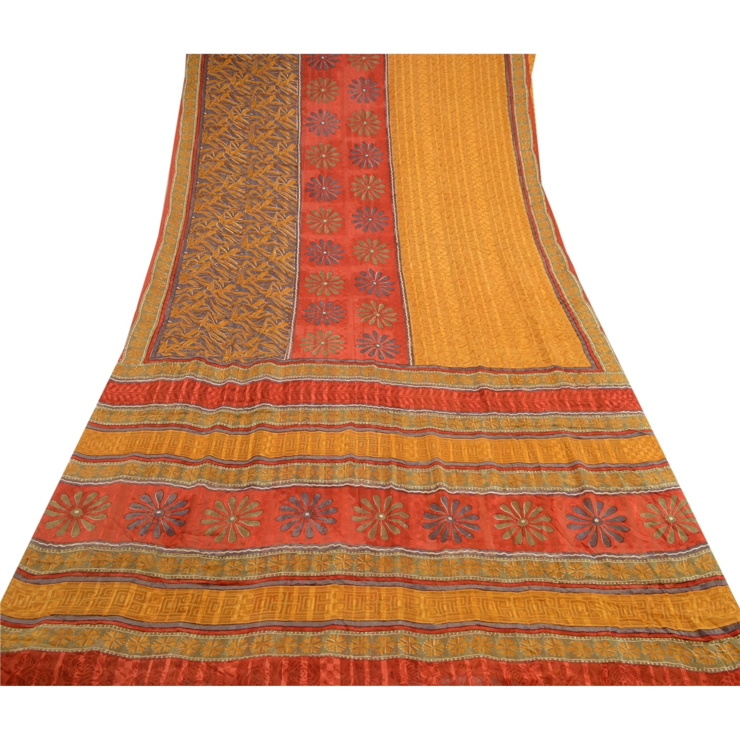 Sanskriti Vintage Mustard Sarees Pure Georgette Silk Printed Sari Craft Sustainable Fabric