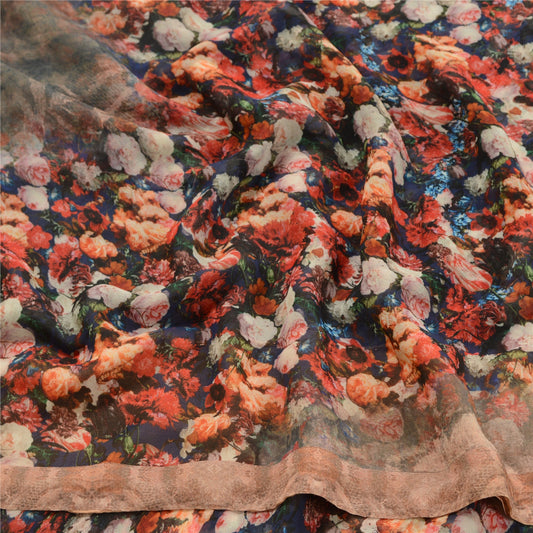 Sanskriti Vintage Sorte Sarier Poly Georgette Digitaltrykt Sari Håndværk Bæredygtigt Stof