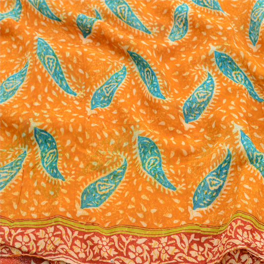 Sanskriti Vintage Saffron Sarees Pure Georgette Silk Printed Sari Craft Sustainable Fabric