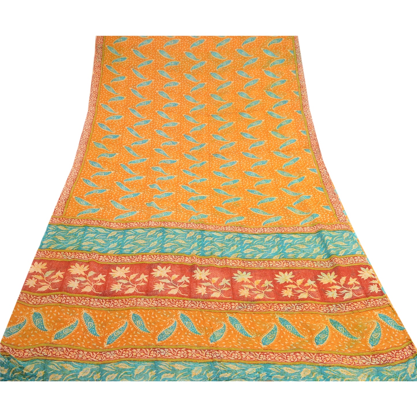 Sanskriti Vintage Saffron Sarees Pure Georgette Silk Printed Sari Craft Sustainable Fabric