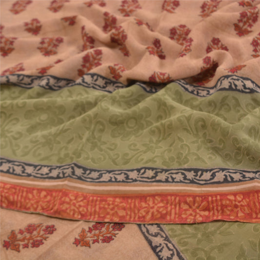Sanskriti Vintage Green Sarees Pure Georgette Silk Printed Sari 5yd Craft Sustainable Fabric