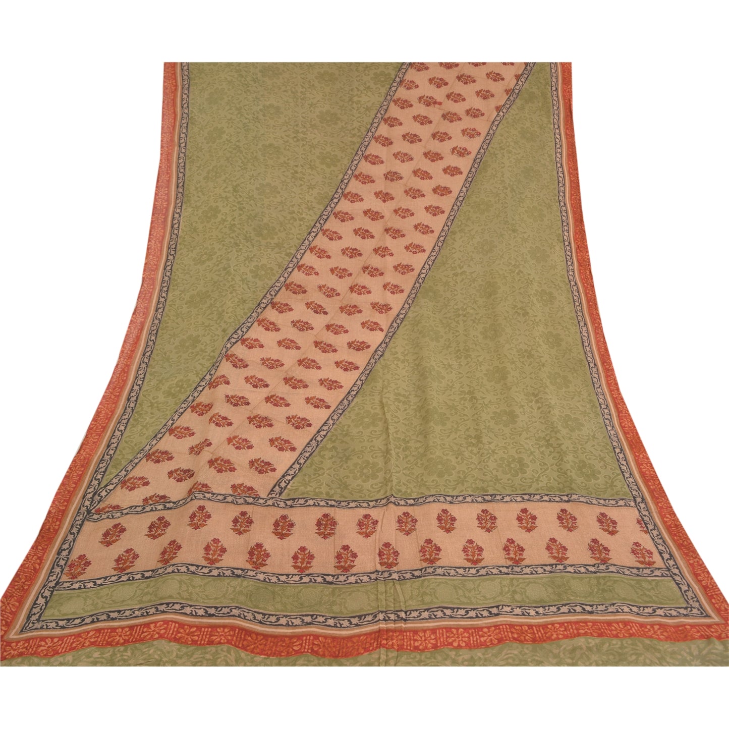 Sanskriti Vintage Green Sarees Pure Georgette Silk Printed Sari 5yd Craft Sustainable Fabric