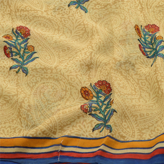 Sanskriti Vintage Green Sarees Pure Georgette Silk Printed Sari 5yd Craft Sustainable Fabric