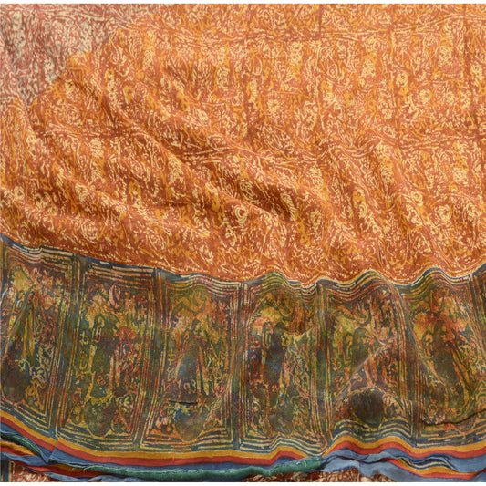 Sanskriti Vintage Brown Sarees Pure Georgette Silk Printed Sari 5yd Craft Sustainable Fabric