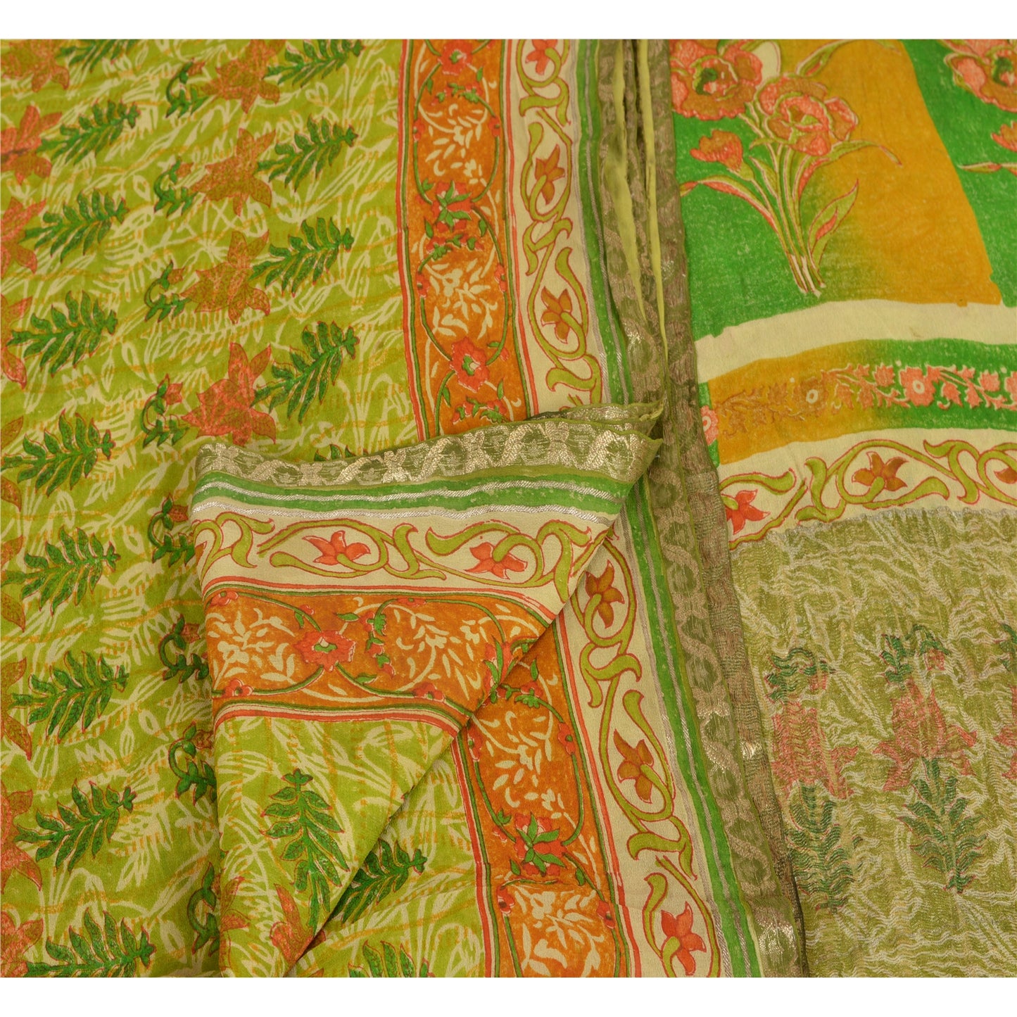 Sanskriti Vintage Pure Georgette Silk Zari Border Saree Green Printed Sari Craft Sustainable Fabric