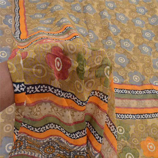 Sanskriti Vintage Green Sarees Pure Georgette Silk Printed Sari 5yd Craft Sustainable Fabric