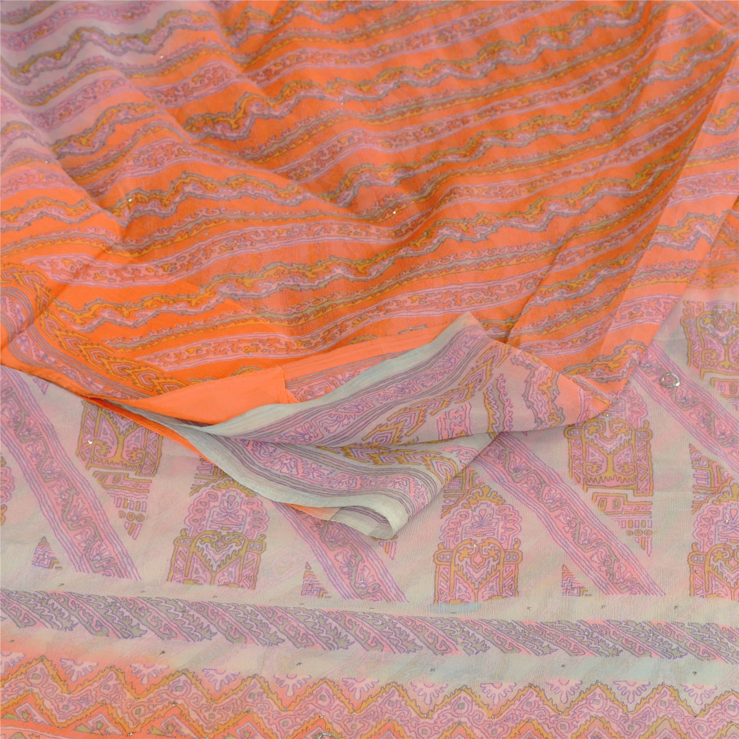 Sanskriti Vintage Orange Printed Hand Beads Sarees Pure Chiffon Silk Sari Sustainable Fabric