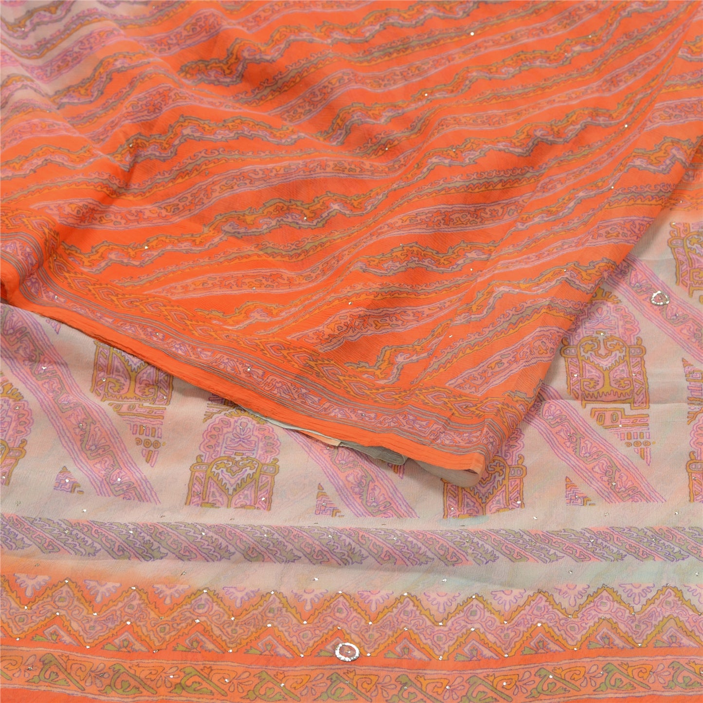 Sanskriti Vintage Orange Printed Hand Beads Sarees Pure Chiffon Silk Sari Sustainable Fabric