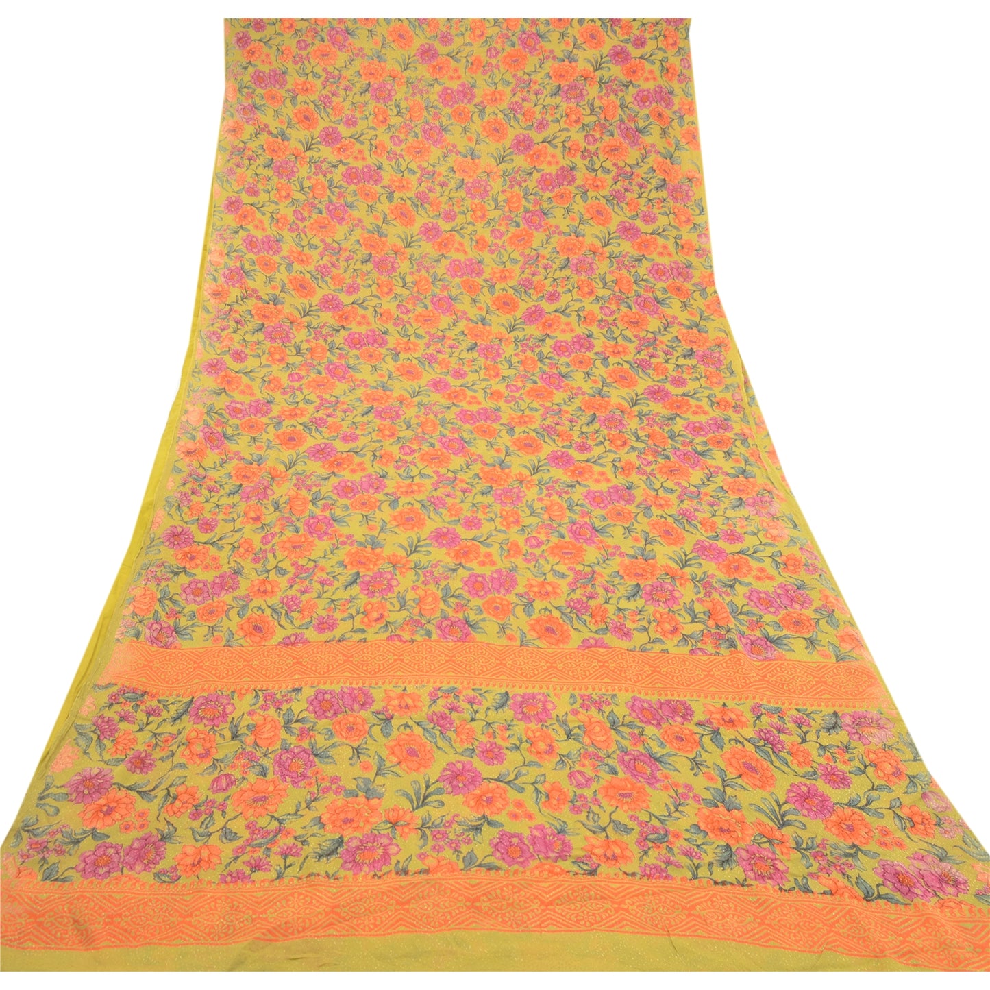 Sanskriti Vintage Green Saree Blend Georgette Printed Sari Craft Sustainable Fabric