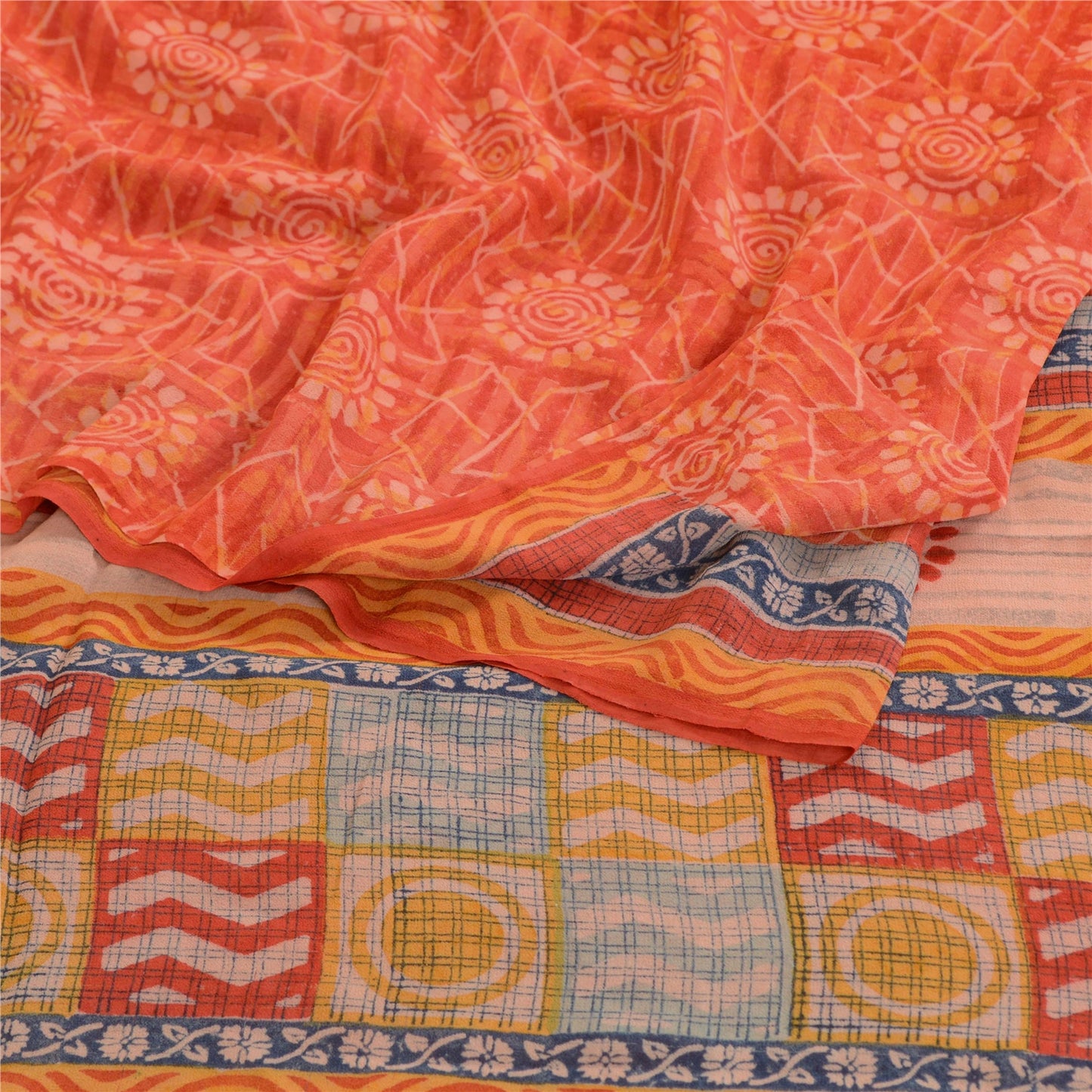 Sanskriti Vintage Red Sarees Pure Georgette Silk Printed Sari 5yd Craft Sustainable Fabric