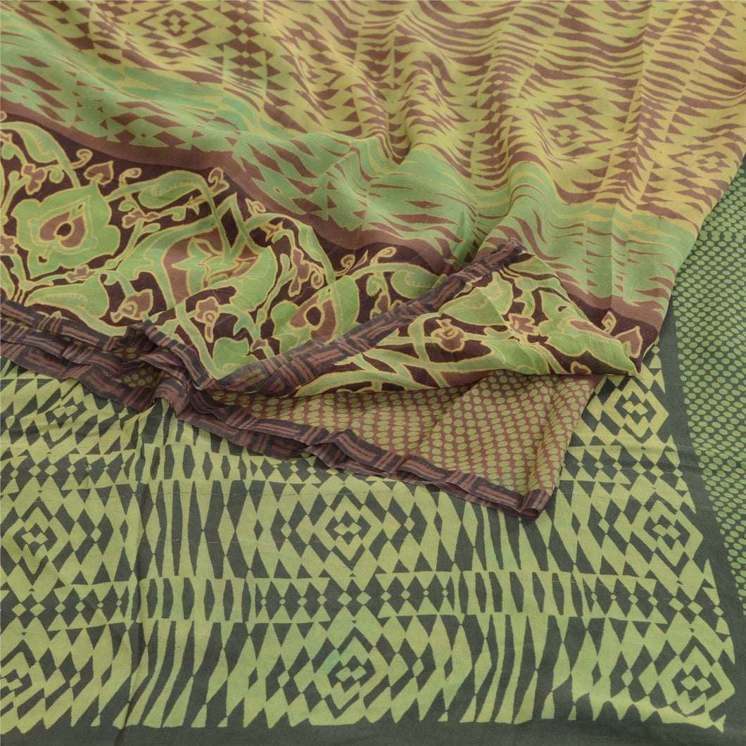 Sanskriti Vintage Green Sarees Pure Georgette Silk Printed Sari 5yd Craft Fabric