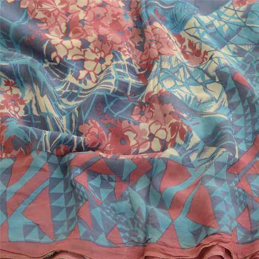 Sanskriti Vintage Pure Georgette Silk Sarees Blue Printed Sari 5yd Craft Sustainable Fabric