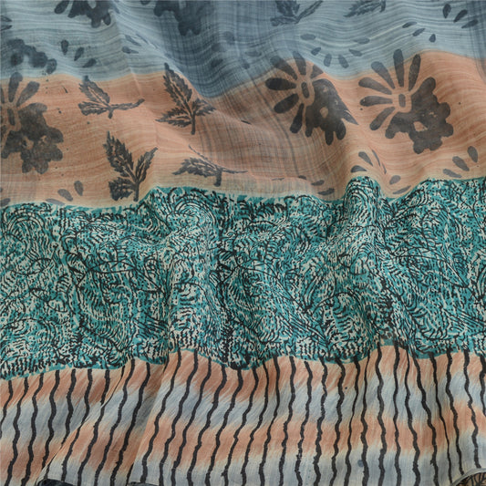 Sanskriti Vintage Green Pure Georgette Silk Sarees Printed Sari 5yd Craft Sustainable Fabric
