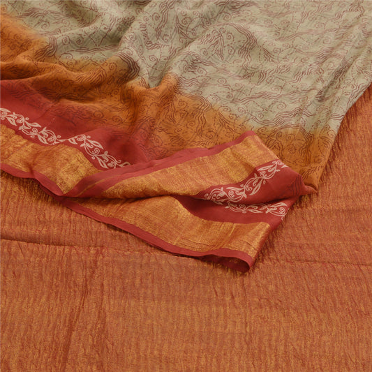 Sanskriti Vintage Olivengrøn Ren Georgette Silke Sarier Trykt Sari Håndværk Bæredygtigt Stoff