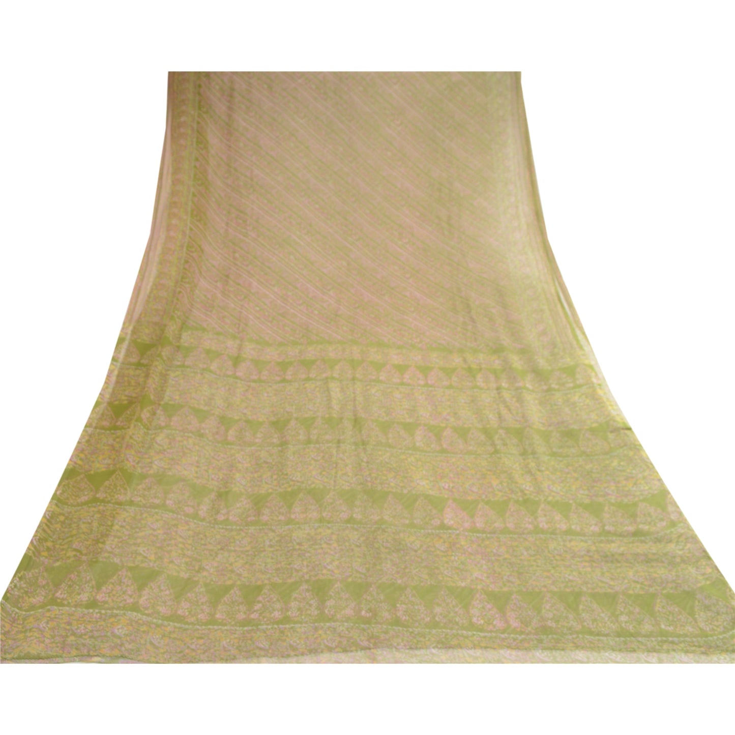 Sanskriti Vintage Green Sarees Pure Chiffon Silk Printed Sari 5yd Craft Sustainable Fabric