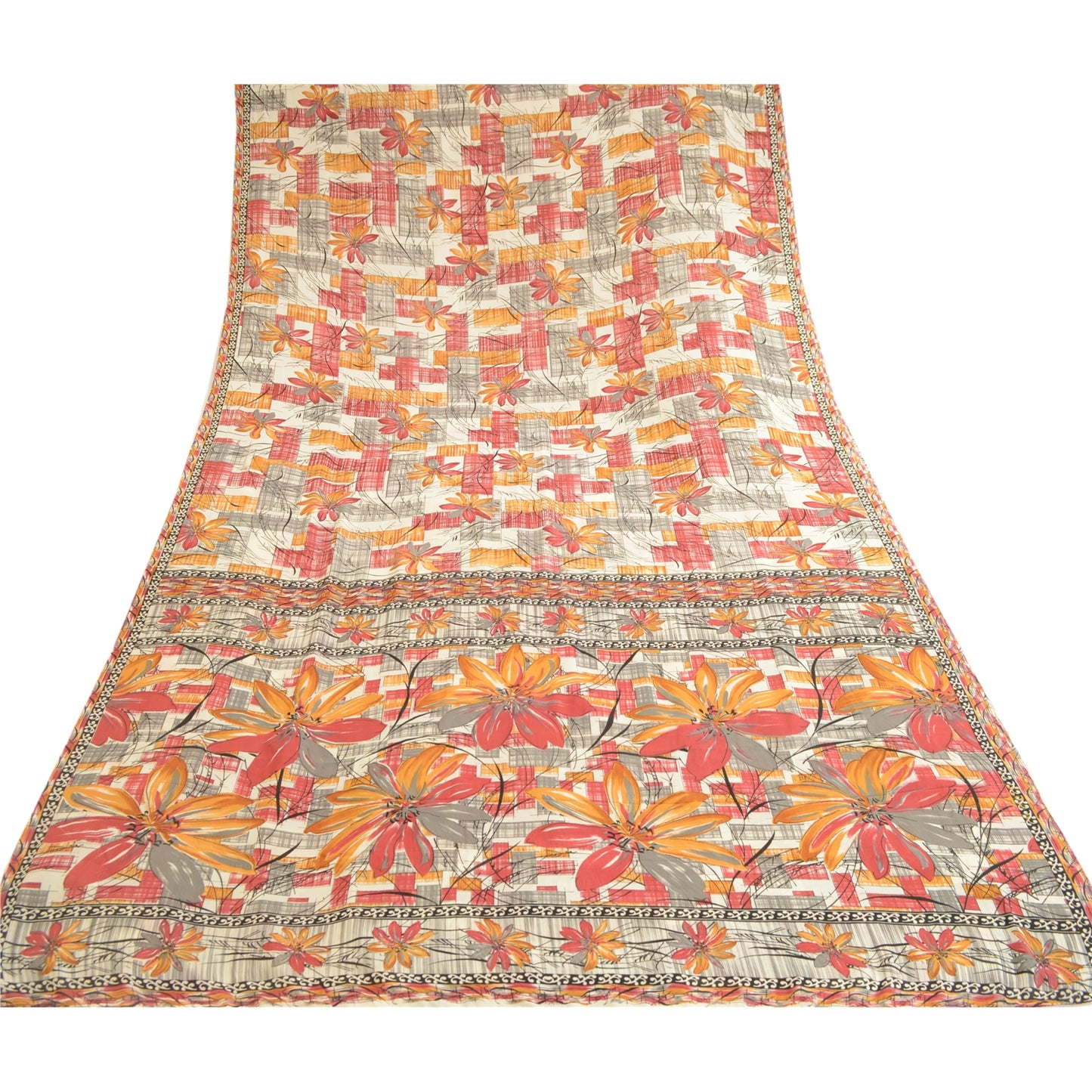 Sanskriti Vintage Red Sarees Indian Mose Crepe Printed Sari Soft Craft Sustainable Fabric