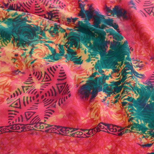 Sanskriti Vintage Tie-Dye Hot Pink Sarees Pure Georgette Silk Sari Craft Sustainable Fabric