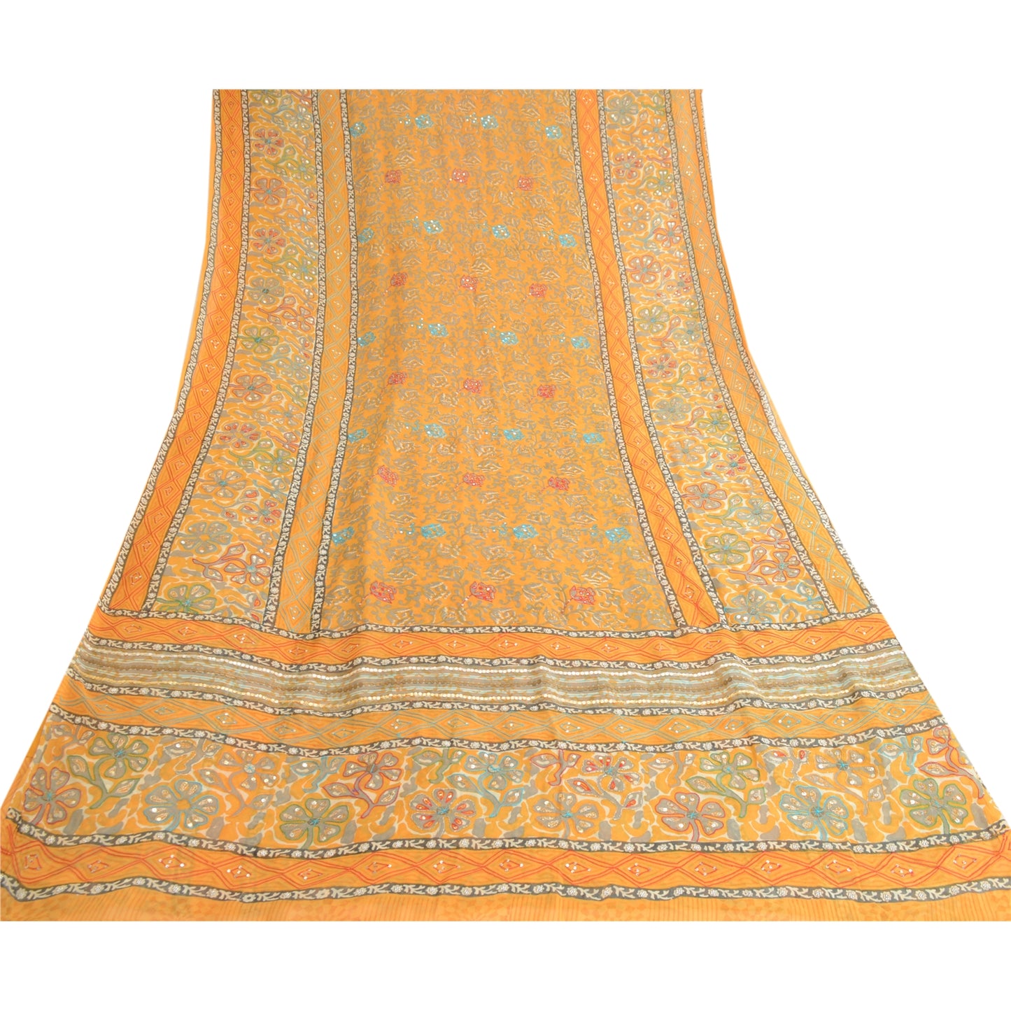 Sanskriti Vintage Mustard Sarees Hand Bead Pure Georgette Silk Sari Craft Sustainable Fabric