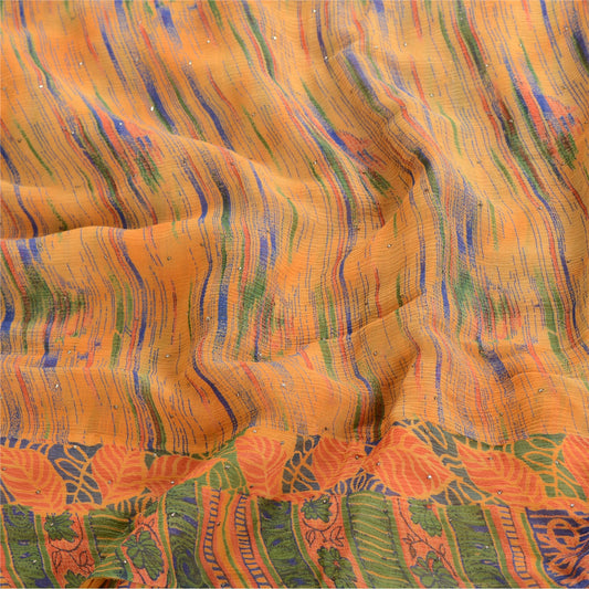Sanskriti Vintage Orange Pure Chiffon Silk Sarees Print Sari Mukesh Craft Sustainable Fabric