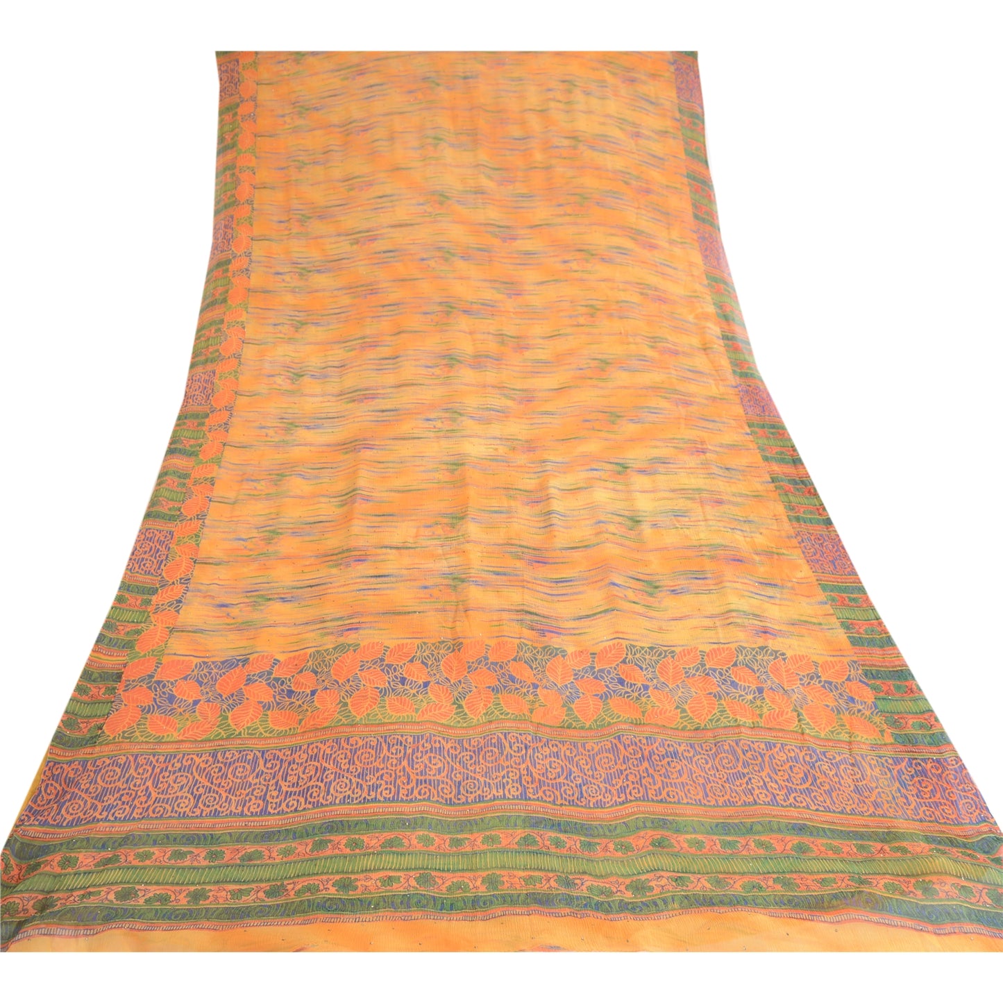 Sanskriti Vintage Orange Pure Chiffon Silk Sarees Print Sari Mukesh Craft Sustainable Fabric