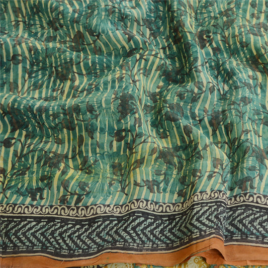 Sanskriti Vintage Green Pure Georgette Silk Sarees Printed Sari 5yd Craft Sustainable Fabric