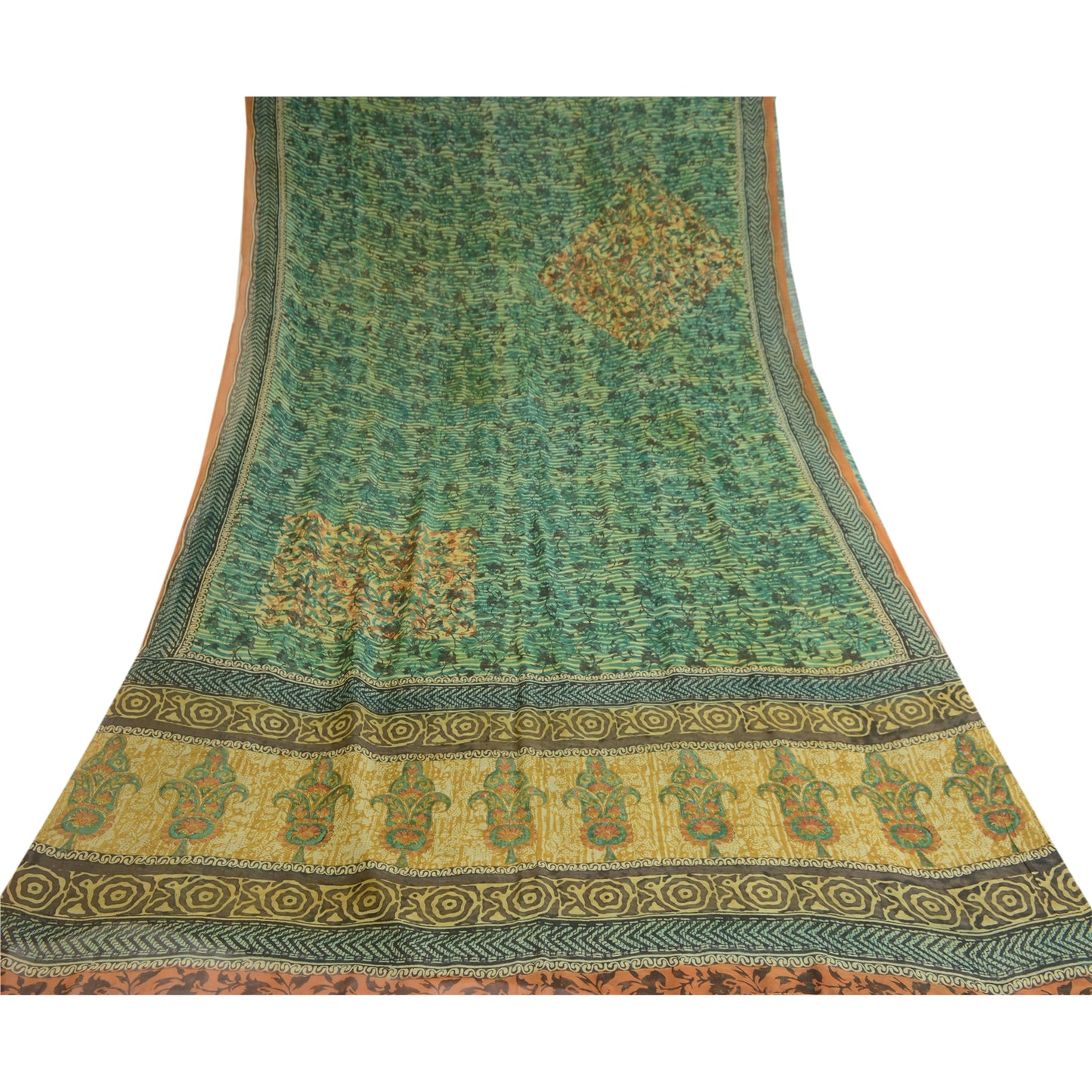Sanskriti Vintage Green Pure Georgette Silk Sarees Printed Sari 5yd Craft Sustainable Fabric