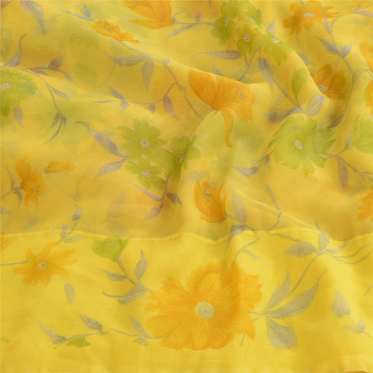 Sanskriti Vintage Lemon Green Georgette Sarees Printed Sari Floral Craft Sustainable Fabric