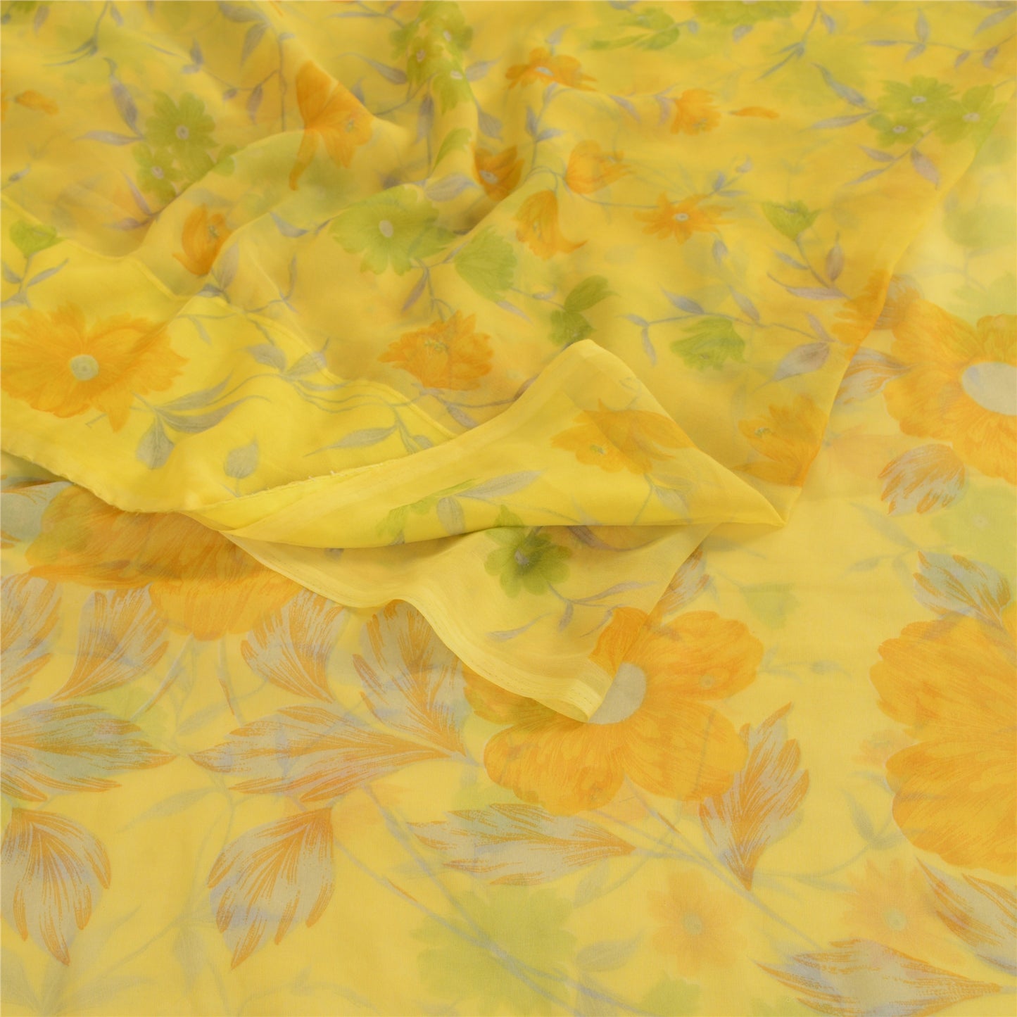 Sanskriti Vintage Lemon Green Georgette Sarees Printed Sari Floral Craft Sustainable Fabric