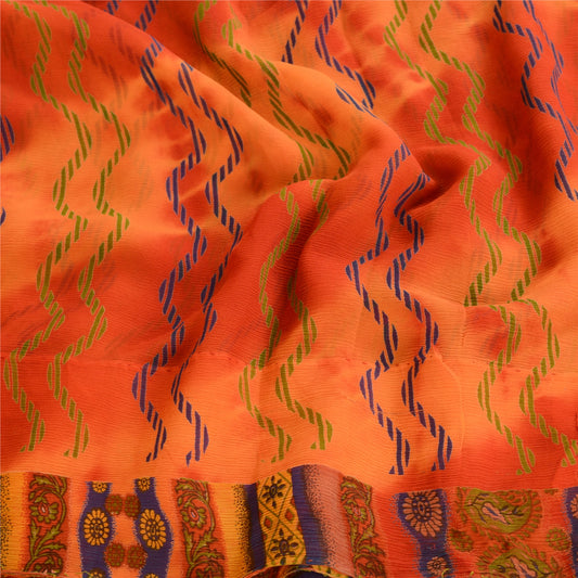 Sanskriti Vintage Rusty Orange Pure Chifffon Silk Sarees Print Sari Craft Sustainable Fabric
