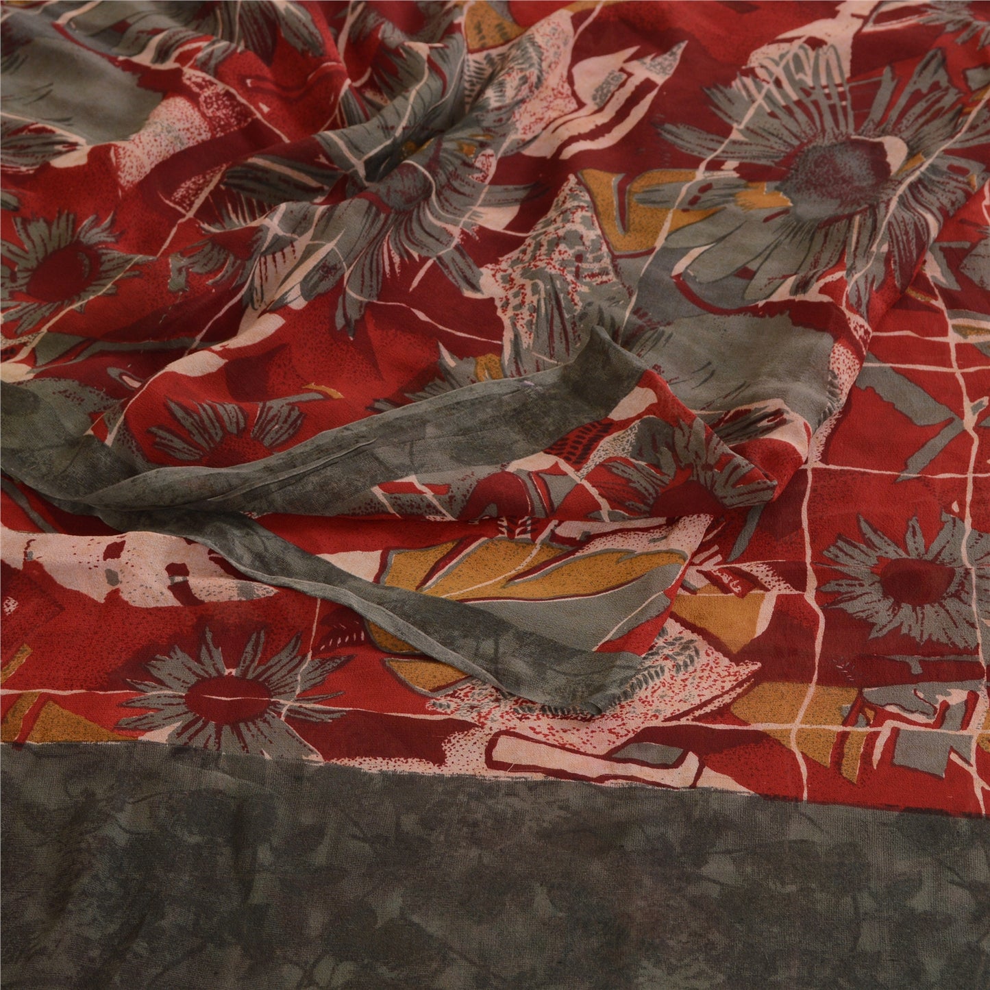 Sanskriti Vintage Mørkerød Ren Georgette Silke Sarier Trykt Sari Syning Bæredygtigt Stof