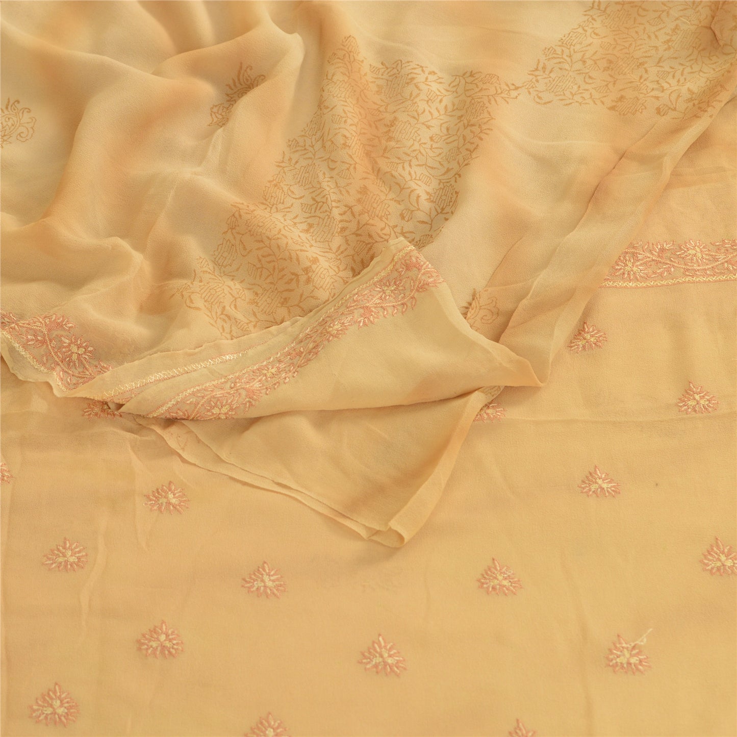 Sanskriti Vintage Beige Pure Georgette Silk Hand Made Suzani Sarees Sari Sustainable Fabric