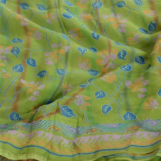 Sanskriti Vintage Green Pure Chiffon Silk Sarees Printed Sari 5yd Craft Sustainable Fabric