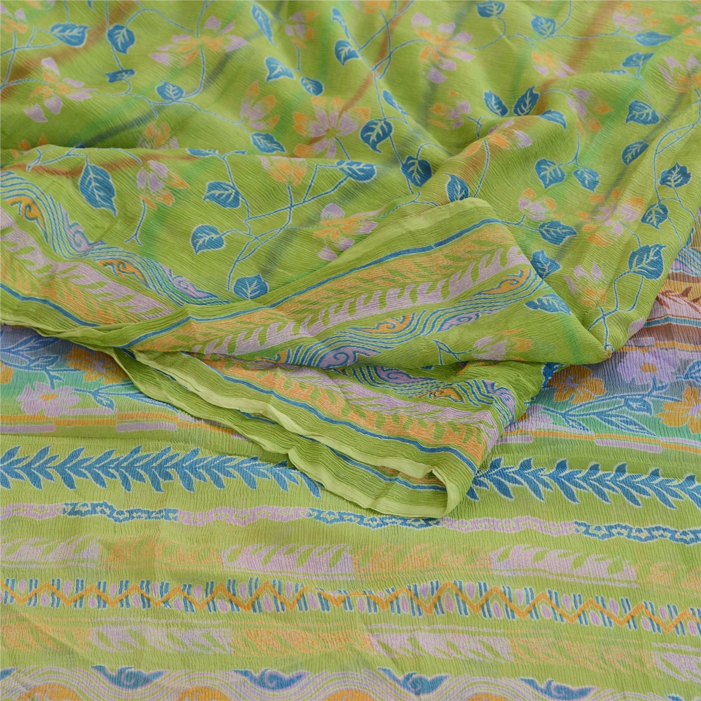 Sanskriti Vintage Green Pure Chiffon Silk Sarees Printed Sari 5yd Craft Sustainable Fabric