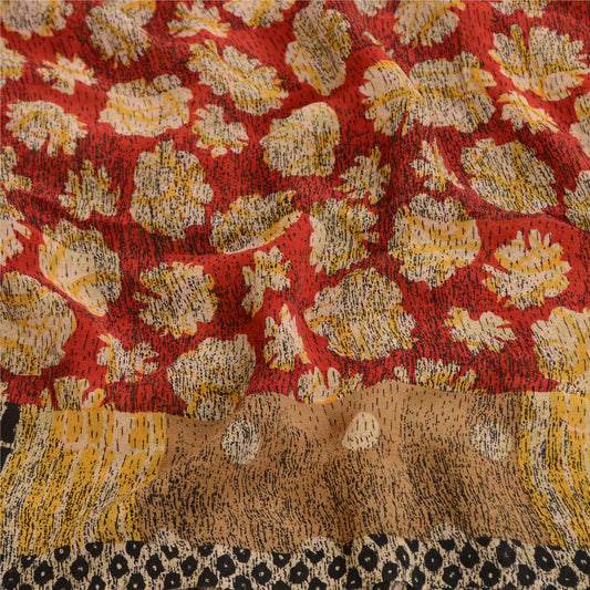 Sanskriti Vintage Red Pure Georgette Silk Sarees Printed Sari 5yd Craft Sustainable Fabric