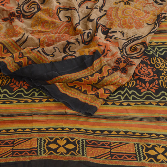 Sanskriti Vintage Orange Ren Georgette Silke Sarier Trykt Sari Håndværk Bæredygtigt Stoff