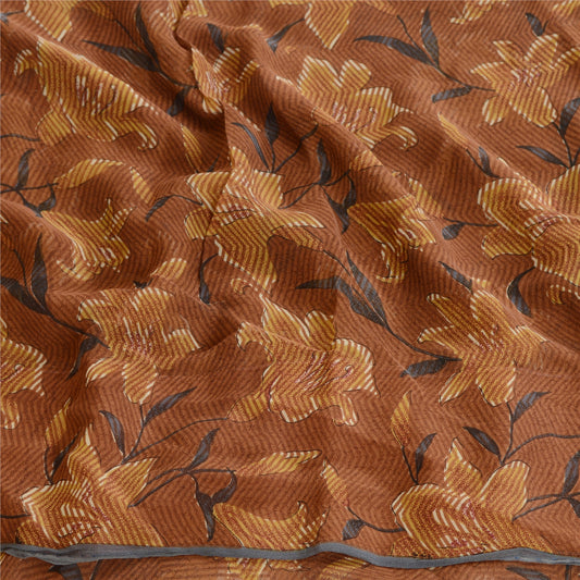 Sanskriti Vintage Brown Sarees Printed Pure Georgette Silk Sari 5yd Craft Sustainable Fabric