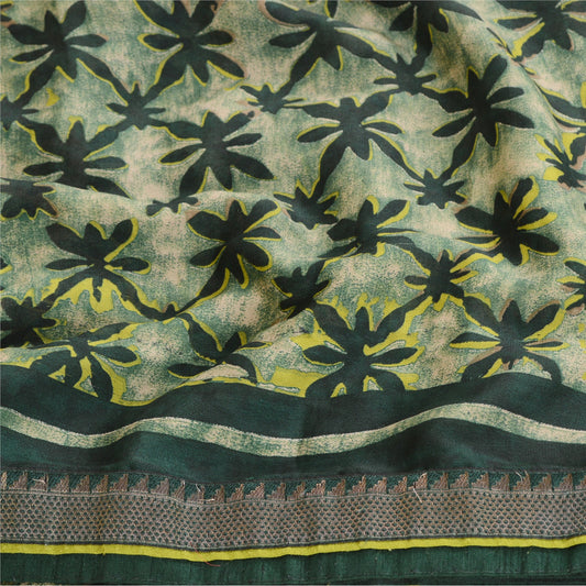 Sanskriti Vintage Green Indian Printed Sarees Georgette Sari 5YD Sewing Sustainable Fabric