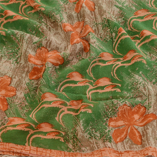 Sanskriti Vintage Green Printed Sarees Pure Georgette Silk Sari 5yd Craft Sustainable Fabric