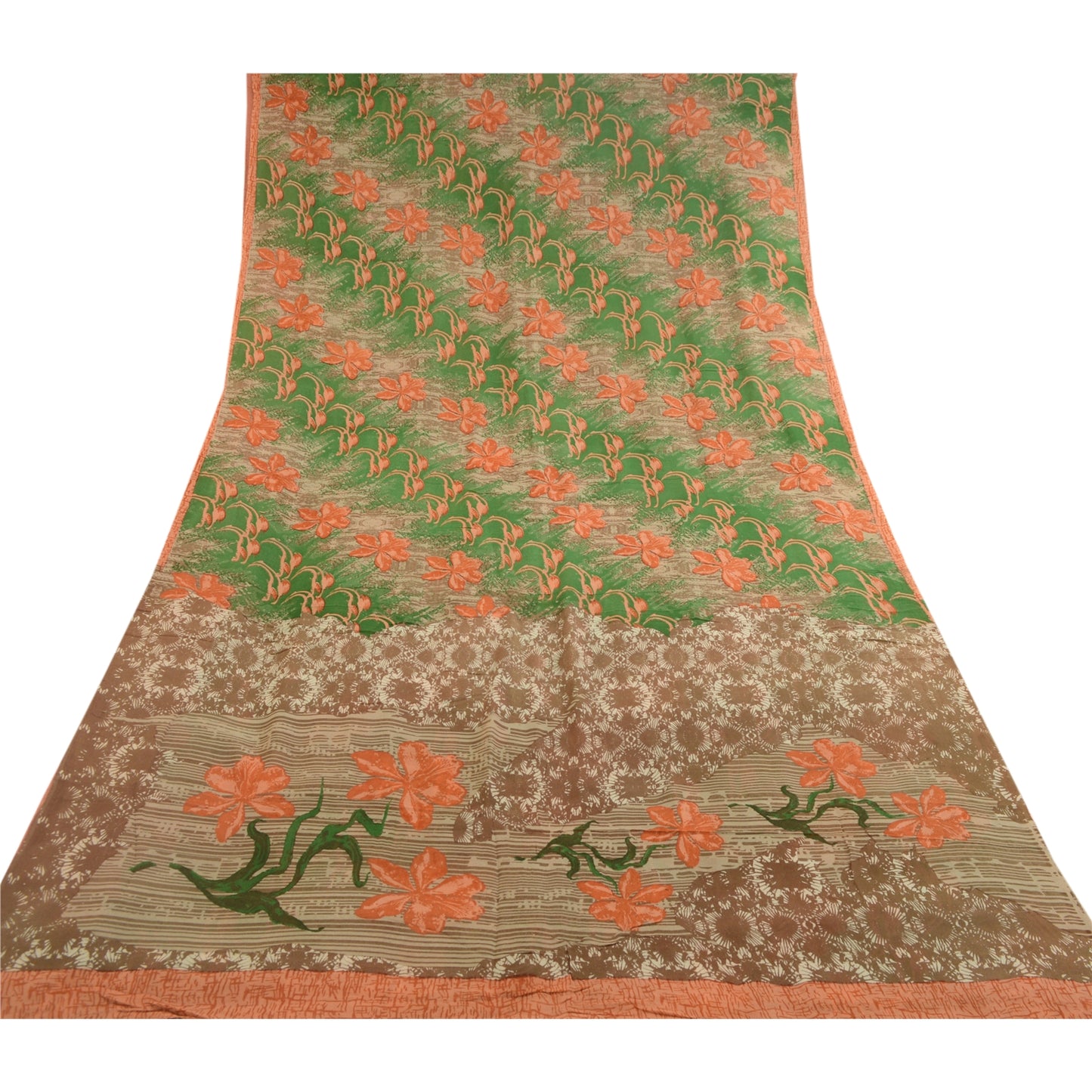 Sanskriti Vintage Green Printed Sarees Pure Georgette Silk Sari 5yd Craft Sustainable Fabric