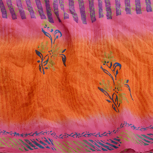 Sanskriti Vintage Pink Printed Sarees Pure Georgette Silk Sari 5yd Craft Sustainable Fabric