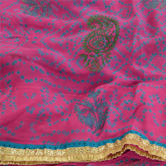 Sanskriti Vintage Pink Bandhani Sarees Pure Georgette Silk Sari 5yd Craft Sustainable Fabric